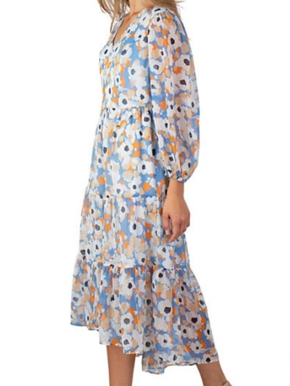 Joie Midi Dress Womens S Floral Chiffon Tiered Balloon Sleeve Cottagecore Flowy - Picture 2 of 16